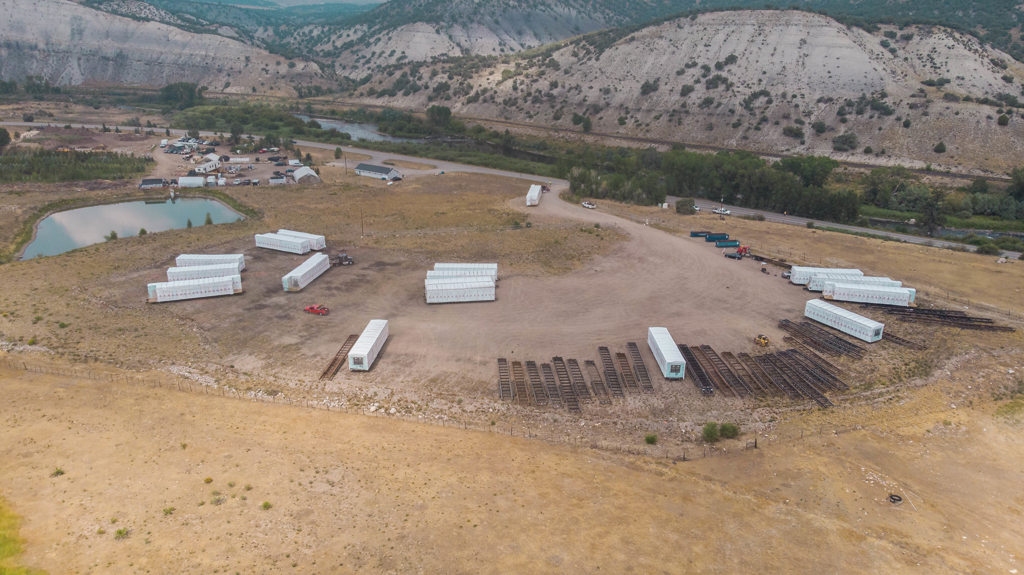 Modular building sections at storage location waiting for transit