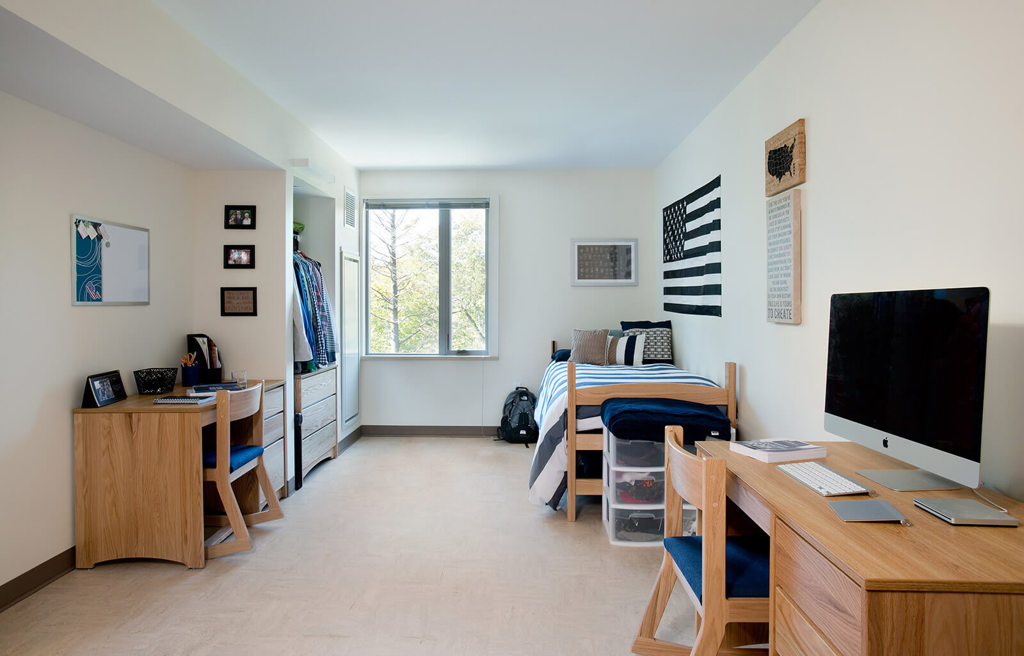 Interior image of a college dorm room